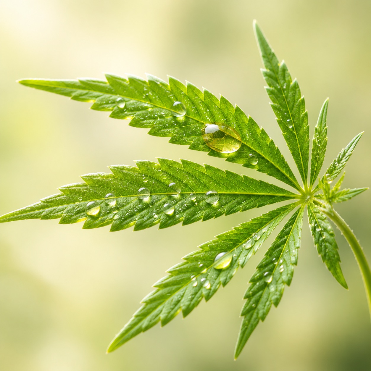 Hemp leaf with water droplets