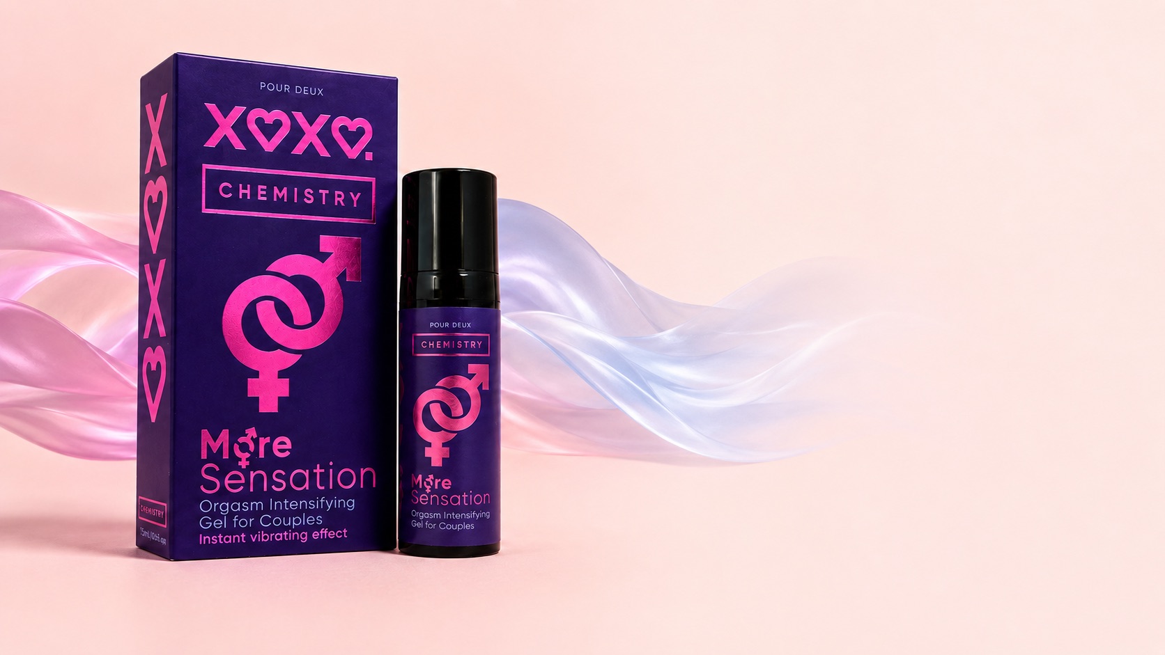 XOXO Chemistry purple box and bottle with flowing neon light waves