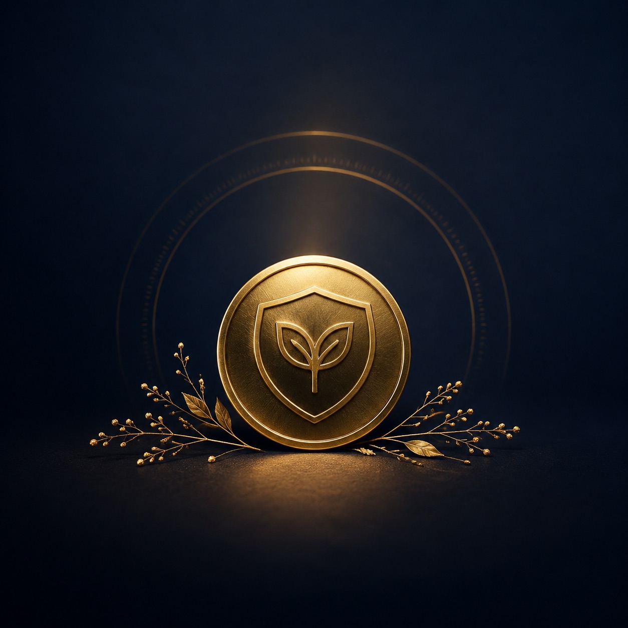 Golden shield medallion with a leaf emblem on navy