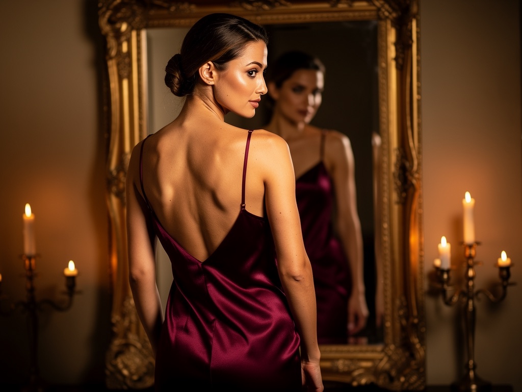 A woman meeting her own gaze in a gold-framed mirror