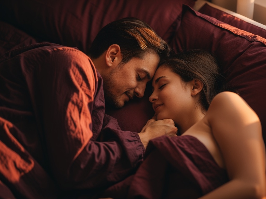 A couple lying close together in burgundy bedding
