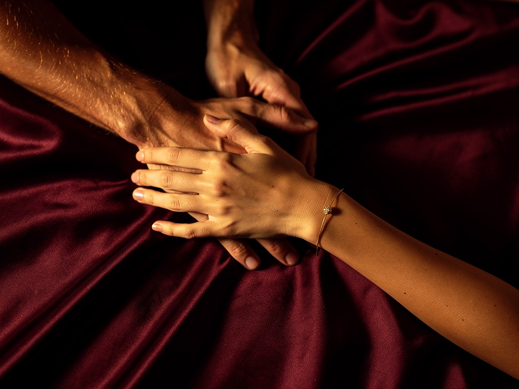 A couple's hands gently intertwined on burgundy satin