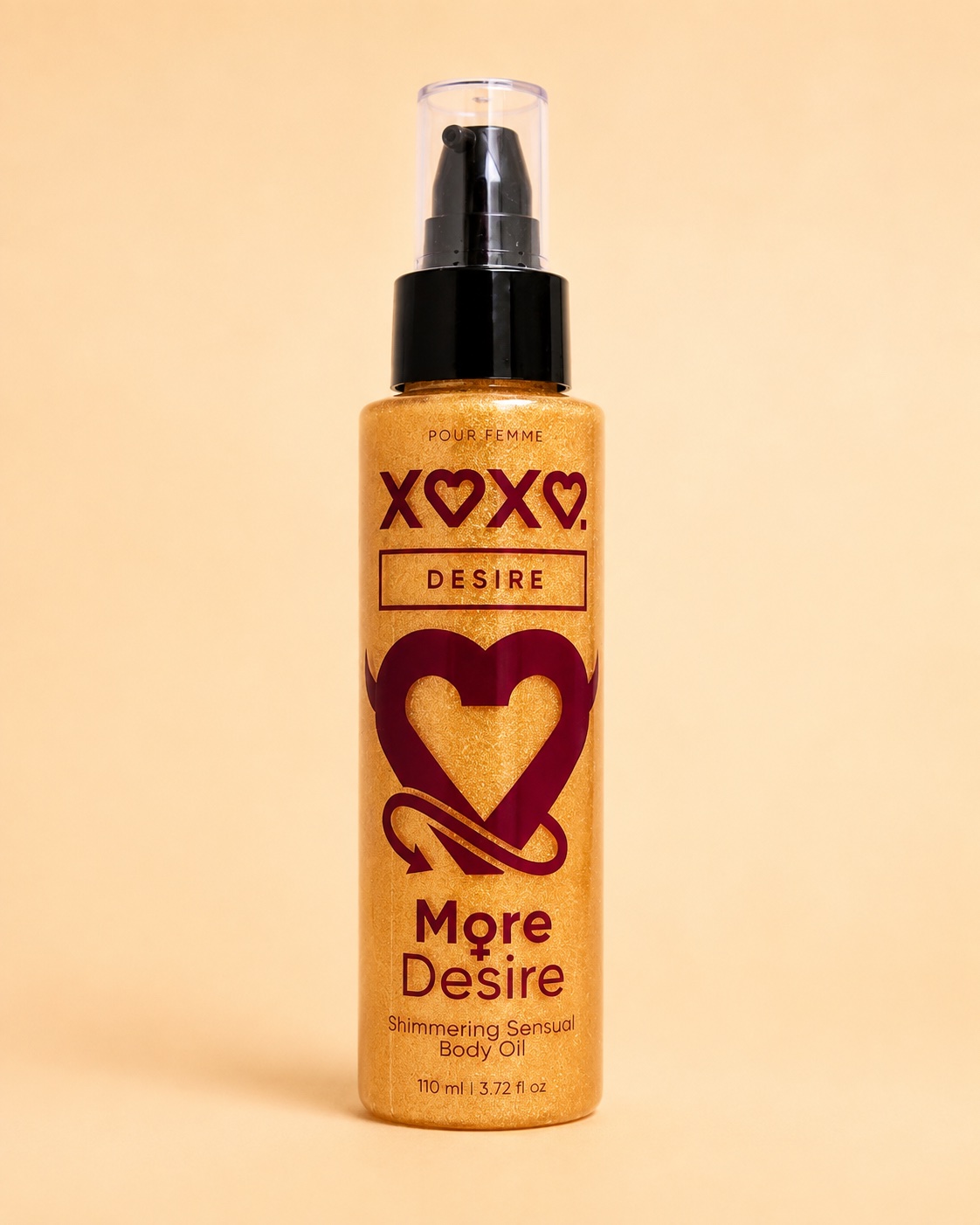 XOXO Desire · shimmering body oil bottle