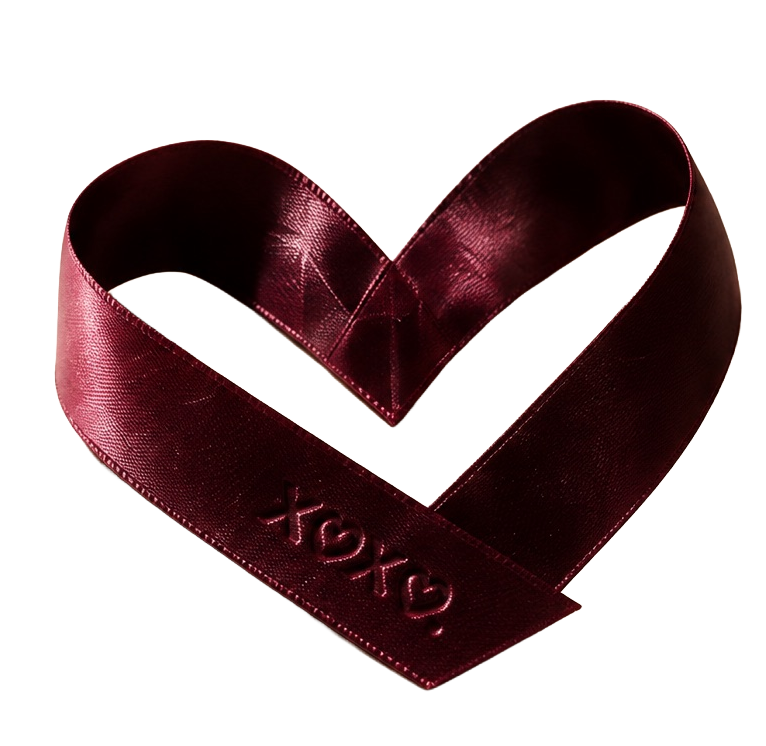 A burgundy satin ribbon folded into a heart, embossed with XOXO